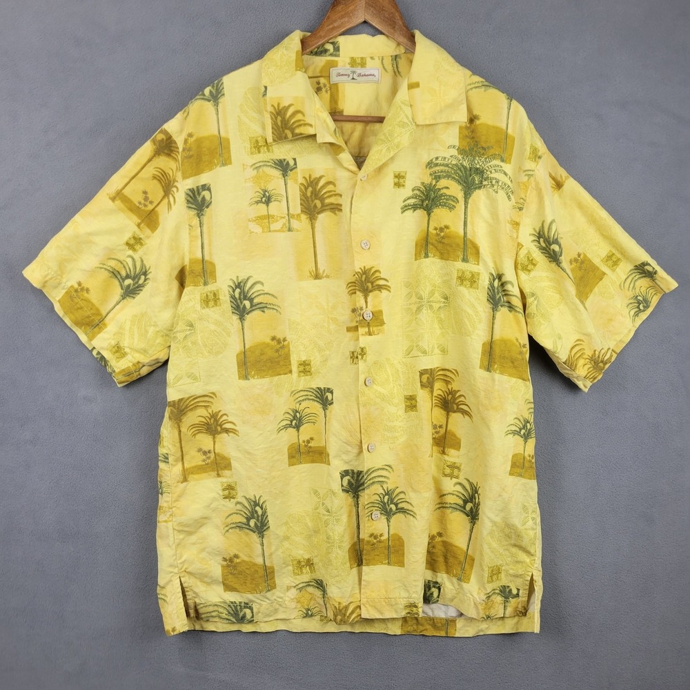 Tommy Bahama Shirt Mens Large Yellow Silk Palm Tree Hawaiian Button Up Island